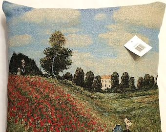 Claude MONET Poppy Field Near Argenteuil French Jacquard WOVEN Hand Finished 43cm, 17" Double Sided TAPESTRY Pillow Cushion Cover With Zip