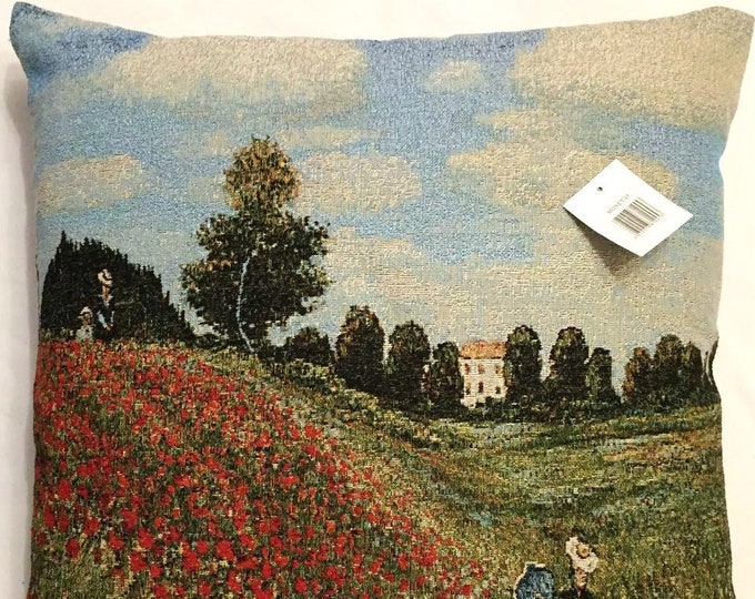 Claude MONET Poppy Field Near Argenteuil French Jacquard WOVEN Hand Finished 43cm, 17" Double Sided TAPESTRY Pillow Cushion Cover With Zip