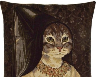 Medieval Anthropomorphic Cat with Hat, BELGIAN Belgium Jacquard WOVEN Hand Finished Tapestry Pillow Cushion Cover, 46cm x 46cm, 18" x 18"