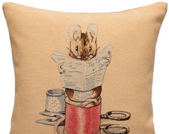 BEATRIX POTTER Schneiderin Maus BELGIEN Jacquard handgewebt 33cm 13" Gobelin Kissenbezug, Samt Rückseite, Reißverschluss