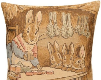 BEATRIX POTTER Mrs Rabbit Lunchtime BELGIAN Belgium Jacquard Woven Hand Finished 33cm 13" Tapestry Pillow Cushion Cover, Velvet Reverse, Zip