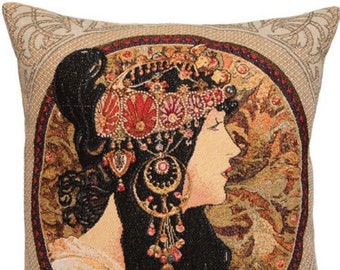 Alphonse MUCHA Byzantine Brunette BELGIAN Belgium Jacquard WOVEN Hand Finished Tapestry Pillow Cushion Cover, 46cm x 46cm, 18" x 18"