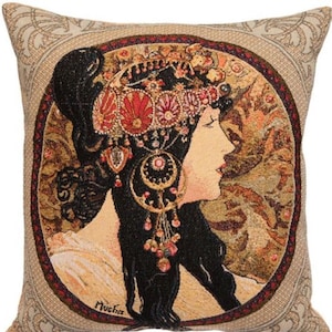Alphonse MUCHA Byzantine Brunette BELGIAN Belgium Jacquard WOVEN Hand Finished Tapestry Pillow Cushion Cover, 46cm x 46cm, 18&quot; x 18&quot;