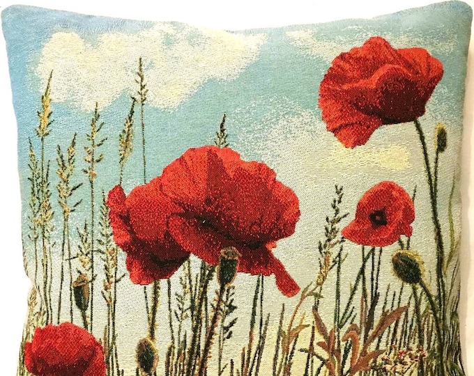 Poppy Field Poppies Pavots French Jacquard WOVEN Hand Finished 43cm x 43cm 17" x 17" Double Sided TAPESTRY Pillow Cushion Cover With Zip