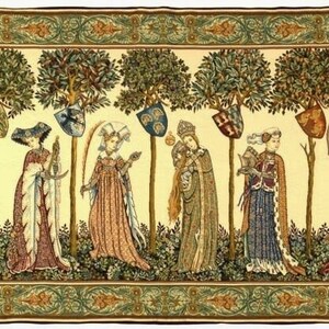 May include: A tapestry depicting a medieval scene with figures in colourful clothing standing in a forest. The figures are surrounded by trees and shields with crests. The tapestry has a green and gold border.