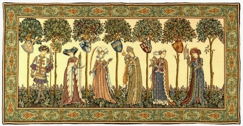 May include: A tapestry depicting a medieval scene with figures in colourful clothing standing in a forest. The figures are surrounded by trees and shields with crests. The tapestry has a green and gold border.