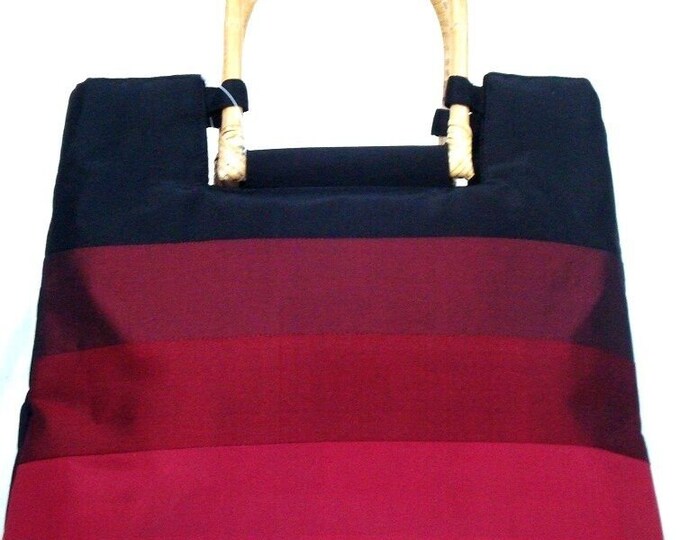 Hand Made Pure Silk Red & Black Handbag With Patterned Cane Handle, 29cm x 35cm, 11.5" x 14" (excluding handles measurements)
