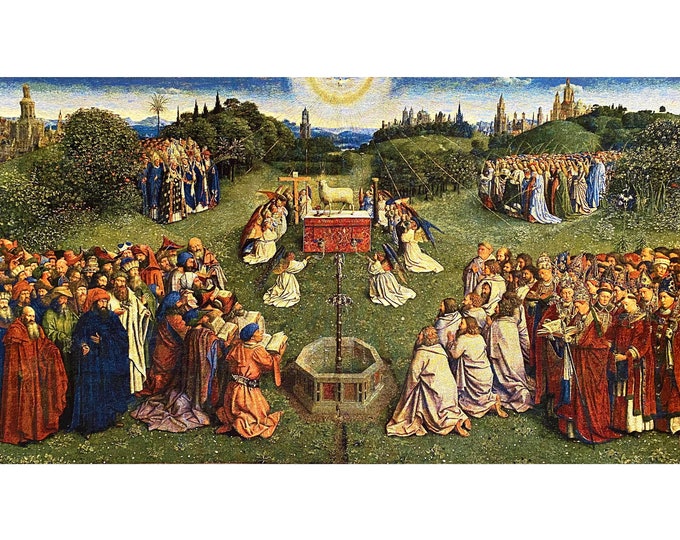 Adoration of the Mystic Lamb from Ghent Altarpiece BELGIAN Jacquard WOVEN Hand Finished Tapestry Wall Hanging, 145cm x 240cm / 57" x 95"