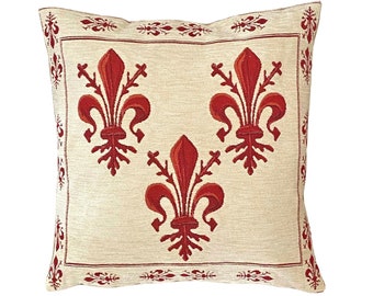 Red Fleur de Lys on Cream Chenille BELGIAN Belgium Jacquard Woven Hand Finished Tapestry Pillow Cushion Cover, 47cm x 47cm 18" x 18"