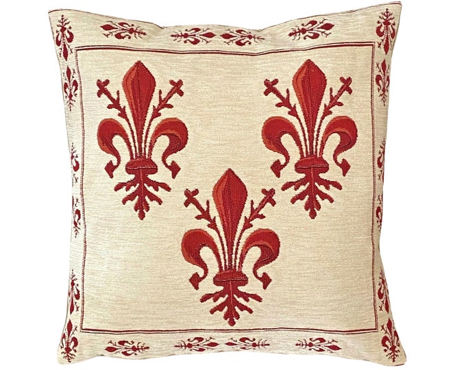 Red Fleur de Lys on Cream Chenille BELGIAN Belgium Jacquard Woven Hand Finished Tapestry Pillow Cushion Cover, 47cm x 47cm 18" x 18"