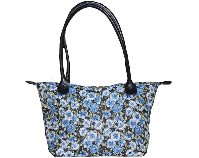 Bleuets Cornflowers BELGIAN TAPESTRY Malta Style Hand Bag 36cm x 24cm Hand finished, fully lined, leather handles, zip closure