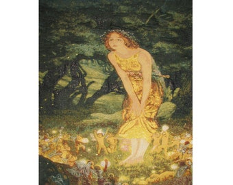 Edward Robert HUGHES MIDSUMMERS EVE 33.5" x 26.8" / 85cm x 68cm Belgian Jacquard Woven Hand Finished Lined Tapestry Wall Hanging, Rod Sleeve