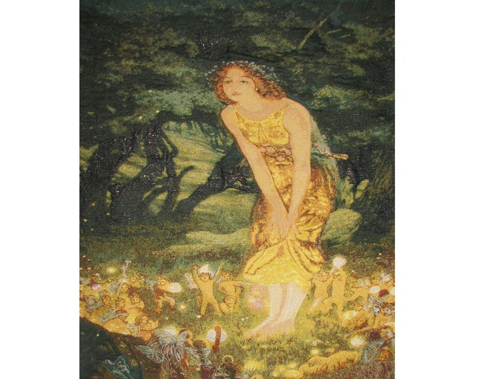 Edward Robert HUGHES MIDSUMMERS EVE 33.5" x 26.8" / 85cm x 68cm Belgian Jacquard Woven Hand Finished Lined Tapestry Wall Hanging, Rod Sleeve