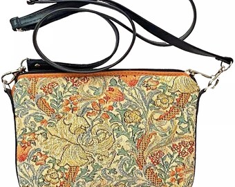 BELGIAN TAPESTRY Hand Finished Wm William MORRIS Golden Lily Fully Lined Clutch / Evening Bag 23CM X 16CM, detachable leather shoulder strap
