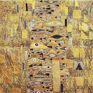 Puede incluir: Una pintura abstracta dorada y azul con una textura de mosaico. La pintura presenta formas geométricas, incluyendo triángulos, círculos y cuadrados. Los colores son vibrantes y audaces, y el efecto general es de movimiento y energía.