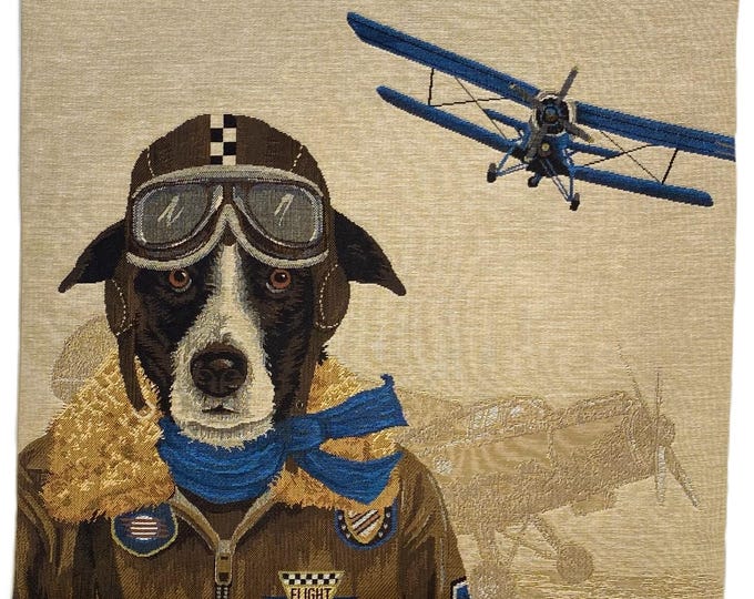 Blue Aeroplane Biplane Dog Flyer Pilot BELGIAN Jacquard WOVEN Hand Finished Tapestry Pillow Cushion Cover Beige Velvet Reverse 46cm 18" 1593
