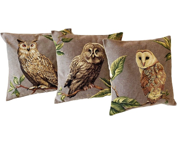 Set of 3 Different Owl BELGIAN JACQUARD WOVEN Hand Finished Fauve Fine Arts Tapestry Cushion Pillow Covers with Zipper, 46cm, 18"