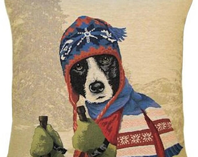 Border Collie Dog Ski-ing Ski, BELGIAN Jacquard WOVEN Hand Finished Tapestry Pillow Cushion Cover 46cm 18", soft touch velvet reverse, 1701A