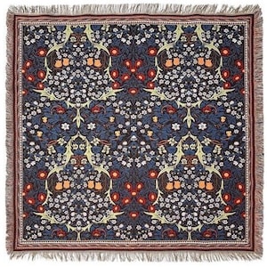 BELGIAN Jacquard Woven Hand Finished 150cm x 150cm William MORRIS Blackthorn TAPESTRY Table Throw Bed Spread Occasional Cover, Tassel Edges
