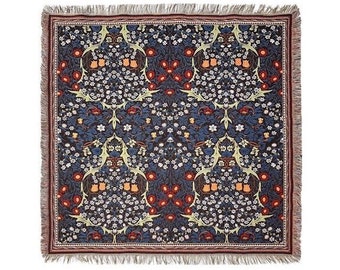 BELGIAN Jacquard Woven Hand Finished 150cm x 150cm William MORRIS Blackthorn TAPESTRY Table Throw Bed Spread Occasional Cover, Tassel Edges