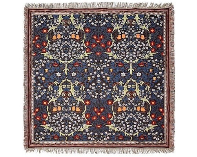 BELGIAN Jacquard Woven Hand Finished 150cm x 150cm William MORRIS Blackthorn TAPESTRY Table Throw Bed Spread Occasional Cover, Tassel Edges