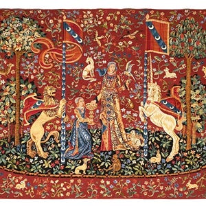 クリュニー婦人とユニコーン The Taste BELGIAN ベルギー製ジャカード織りタペストリー 壁掛け 37インチ x 27インチ / 94 cm x 69 cm 裏地付き + ロッドスリーブ