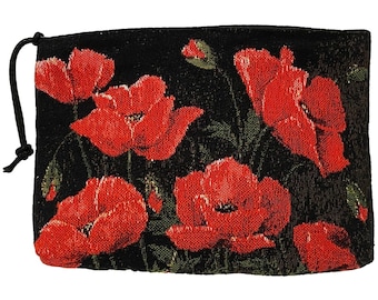 Red Poppies on Black Background Hand Finished BELGIAN TAPESTRY Trousse Purse Pouch Toiletry Cosmetic Bag 20CM X 15CM, with zip