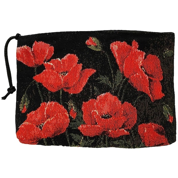 Red Poppies on Black Background Hand Finished BELGIAN TAPESTRY Trousse Purse Pouch Toiletry Cosmetic Bag 20CM X 15CM, with zip