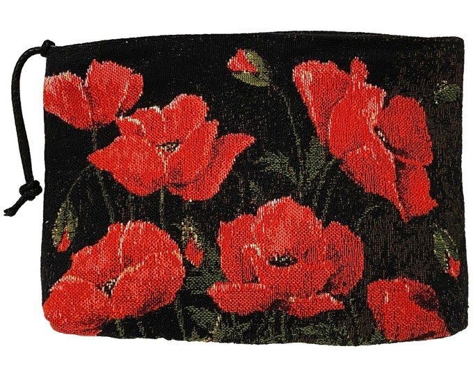 Red Poppies on Black Background Hand Finished BELGIAN TAPESTRY Trousse Purse Pouch Toiletry Cosmetic Bag 20CM X 15CM, with zip