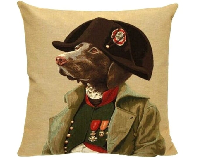 Chocolate Labrador Napoleon Bonaparte, BELGIAN Jacquard WOVEN Hand Finished Tapestry Pillow Cushion Cover, 46cm x 46cm, 18" x 18"