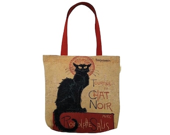 CHAT NOIR Black Cat, BELGIAN Tapestry Woven Hand Finished Large Tote Shoulder Bag Handbag, Bag Size 46cm x 46cm 18" x 18"