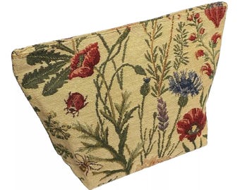 Country Flowers, Hand Finished BELGIAN TAPESTRY Tiffany Clutch Trousse Purse Pouch Toiletry Cosmetic Bag 23cm x 15cm x 8cm, lined, with zip