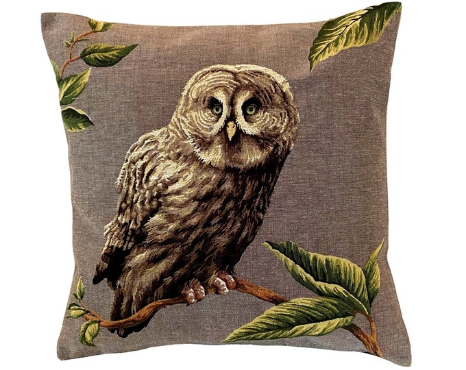 Tawny Brown Owl BELGIAN JACQUARD WOVEN Hand Finished Fauve Fine Arts Tapestry Cushion Pillow Cover with Zipper, 46cm x 46cm, 18" x 18"