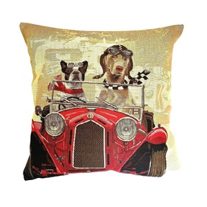 Red Vintage Car Dog Racers, federa per cuscino in tessuto jacquard BELGA rifinita a mano, 46 cm x 46 cm, 18" x 18", 1547A