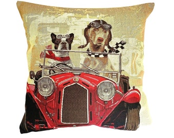 Red Vintage Car Dog Racers, BELGIAN Jacquard WOVEN Hand Finished Tapestry Pillow Cushion Cover, 46cm x 46cm, 18" x 18", 1547A