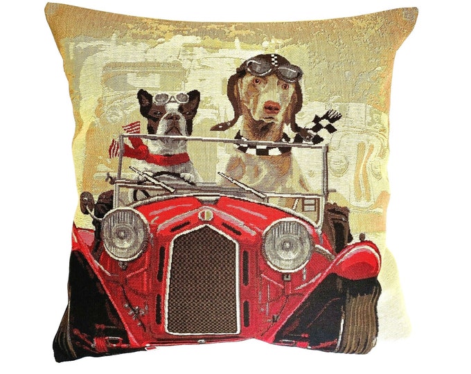 Red Vintage Car Dog Racers, BELGIAN Jacquard WOVEN Hand Finished Tapestry Pillow Cushion Cover, 46cm x 46cm, 18" x 18", 1547A