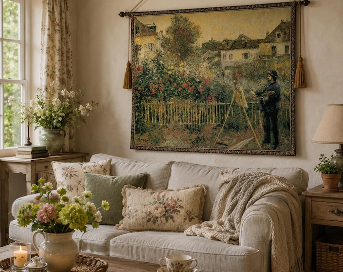 RENOIR Painting of Monet Painting in his Garden, BELGIAN Jacquard WOVEN Hand Finished Lined Tapestry Wall Art Hanging, 86cm x 70cm 34" x 28"