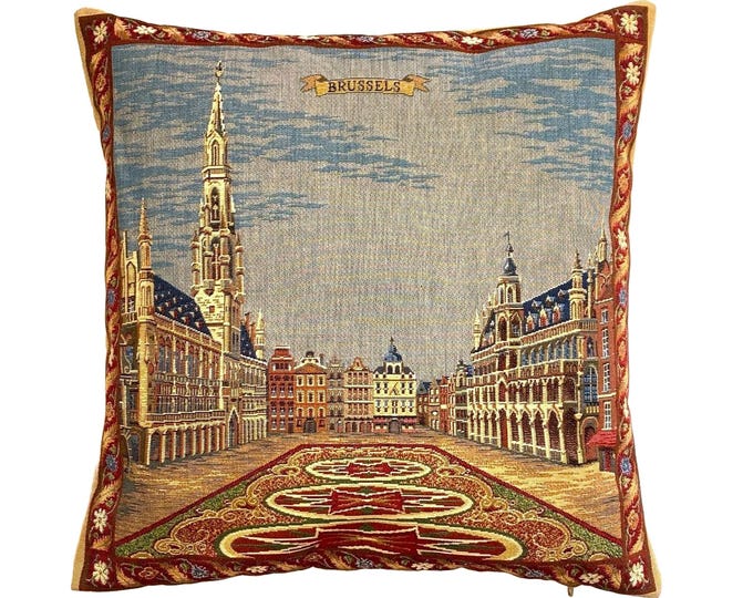 Grand-Place Grote Markt Brussels, BELGIAN Belgium Jacquard WOVEN Hand Finished Tapestry Pillow Cushion Cover, 46cm x 46cm 18" x 18"