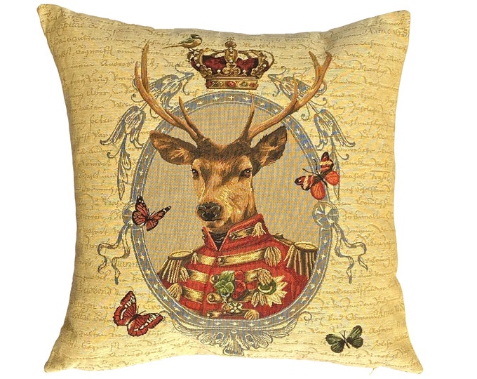 BELGIAN WOVEN Hand Finished Aristocratic Military Deer Stag Forest Animal Fauve Fine Arts Jacquard Tapestry Cushion Cover 46cm 18"
