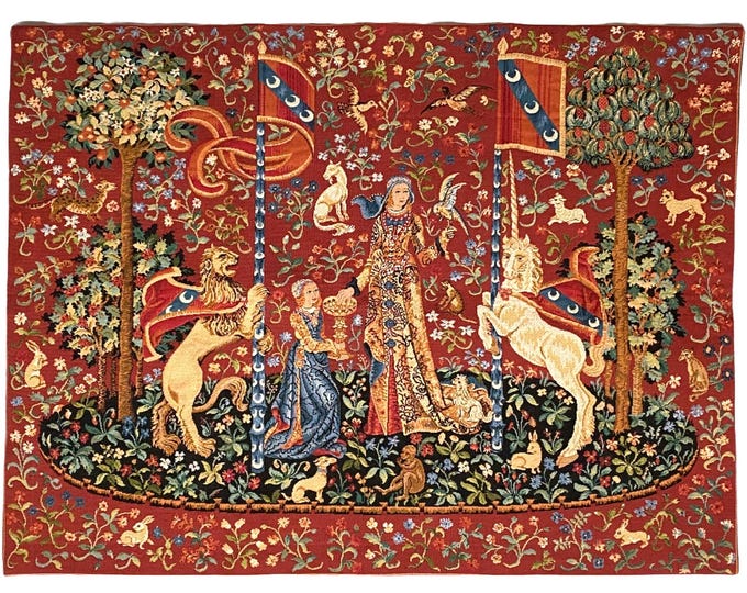 Cluny Lady & the Unicorn The Taste BELGIAN Belgium jacquard woven tapestry wall hanging 55" x 38" / 140cm x 97cm fully lined + rod sleeve
