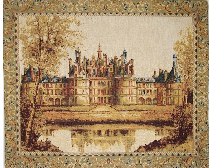 Chateau de Chambord, France as a BELGIAN Belgium jacquard woven tapestry wall hanging, fully lined + rod sleeve, 43" x 37" / 108cm x 93cm
