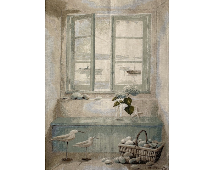 Seaside Harbour Window Scene, BELGIAN Jacquard Woven Hand Finished TAPESTRY Wall Hanging, lined, hanging rod sleeve, 100cm x 70cm, 39" x 26"