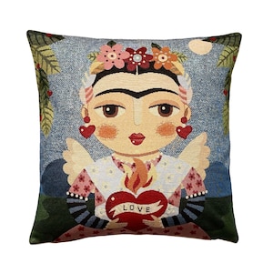 Frida KAHLO Love, francuska ręcznie wykończona poszewka na poduszkę z gobelinu z zamkiem błyskawicznym i miękką w dotyku bawełnianą stroną tylną, 44 cm x 44 cm, 17" x 17"