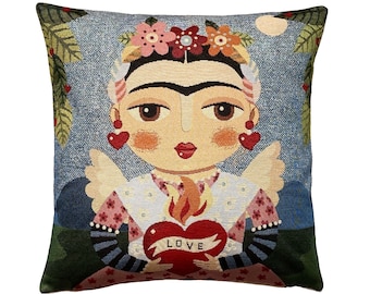 Frida KAHLO Love, French Hand Finished Tapestry Pillow Cushion Cover WIth Zip & Soft Touch Velvet Cotton Reverse, 44cm x 44cm, 17" x 17"