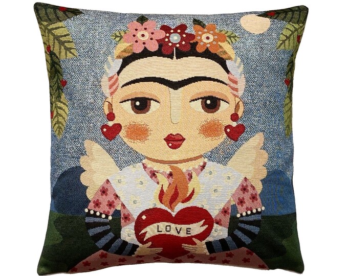 Frida KAHLO Love, French Hand Finished Tapestry Pillow Cushion Cover WIth Zip & Soft Touch Velvet Cotton Reverse, 44cm x 44cm, 17" x 17"