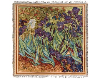 BELGIAN Jacquard Woven 150cm x 150cm Vincent Van GOGH "Irises" TAPESTRY Table Chair Sofa Throw Bed Spread Occasional Cover with Tassels
