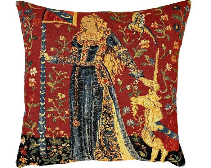 Cluny Lady & the Unicorn The TOUCH, BELGIAN Belgium Jacquard WOVEN Hand Finished Tapestry Pillow Cushion Cover, 35cm, 14", WIth Zip