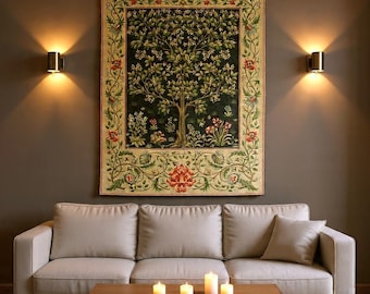 BELGIAN Jacquard WOVEN Hand Finished Tree of Life William MORRIS Design Tapestry Wall Hanging, 92cm x 70cm, 37" x 28", Lined with Rod Sleeve