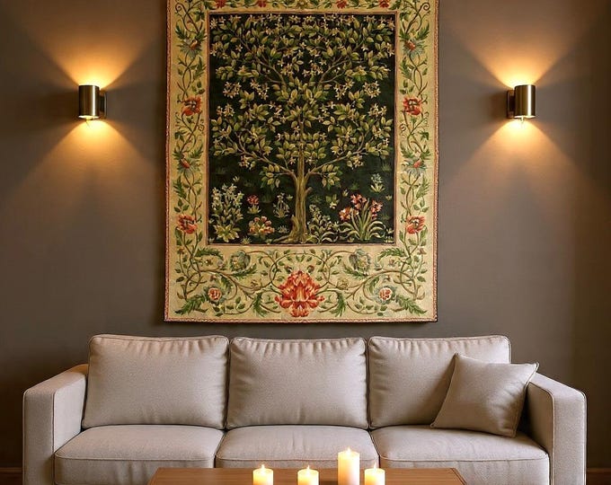BELGIAN Jacquard WOVEN Hand Finished Tree of Life William MORRIS Design Tapestry Wall Hanging, 92cm x 70cm, 37" x 28", Lined with Rod Sleeve