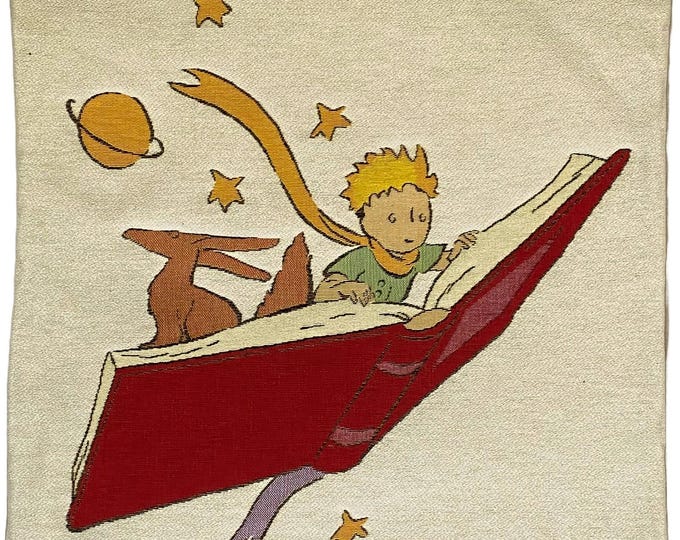 PETIT PRINCE on a Book, BELGIAN Jacquard Woven Hand Finished Tapestry Pillow Cushion Cover, 46cm x 46cm, 18" x 18"